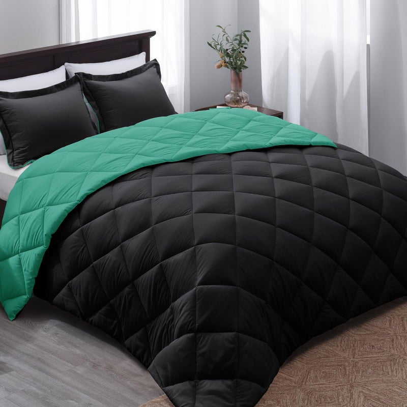 Basic Beyond King Size Comforter Set - Reversible All Seasons, Green/Black Mint Leaf, 1 King Comforter (104"x92") and 2 Pillow Shams (20"x36+") - Image 1